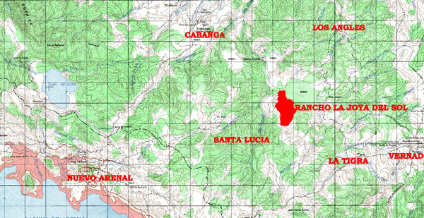 The huge finca is located in the rolling hills east of Nuevo Arenal and Lake Arenal. Farther to the east is the paved highway leading to La fortuna, Ciudad Quesada, and the Central Valley.