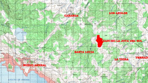 This map shows the finca east of Nuevo Arenal between the road to Cabanga and the road to Guatuso.