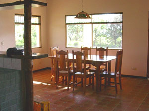 The open plan includes high ceilings and a handsome wood floor.