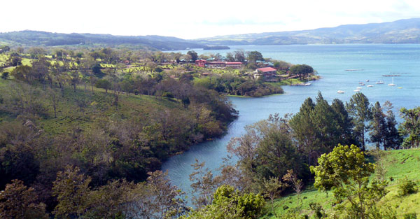 From atop the hill at the lake end of the property, there's a beautiful view of the lake and the cove where Puerto San Luis Lodge and Yacht Club has a dock and moorage buoys. 