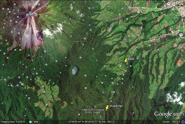 The yellow pins on the Google Earth image show the locations of the hotel and famous waterfall behind Arenal Volcano.