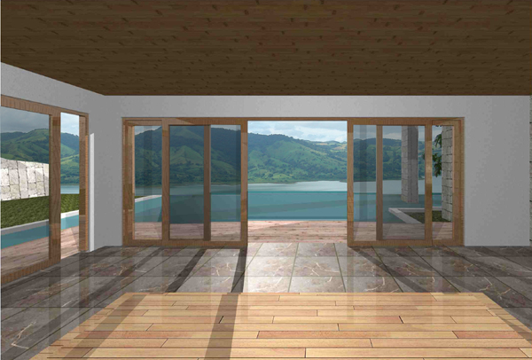 A rendering of view of pool and lake from inside first-floor living room.