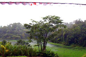 A finger of the lake lies right across the paved lake highway from the building. 