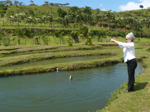 A visitor catches a nice tilapia from the beautiful complex ponds.