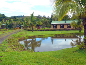 A cabin with kitchen, large bathroom, library area and two double beds with separating closets is between two lobes of the tilapia ponds.