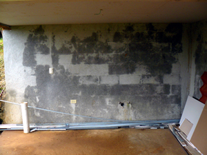 Electrical outlets and plumbing can be seen in this view of the wall in the short side of the "L".