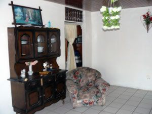 An archway to the left of the living room leads to the bedrooms and bathrooms.