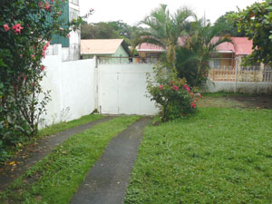 A tall gate opens gate opens to the driveway leading to the carport. 