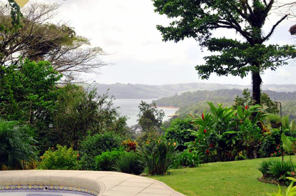 The home has a beautiful lake view as demonstrated in this photo from beside the swimming pool.