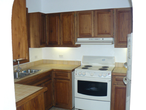 The kitchen is a separate room with an arched doorway to the dining room.