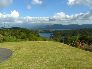 The view of the lake and hills from the front lawn.