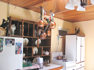 The large kitchen has a high wooden ceiling with a skylight. 