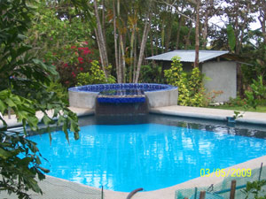 A large circular custom-made spa rises above a corner of the swimming pool. A dressing room/bathroom is beyond it. 