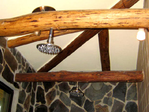 Modern combines with rustic in the master bathroom's twin shower heads.