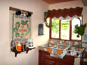 The colorfully tiled  laundry room