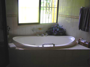 The uniquely shaped spa tub.