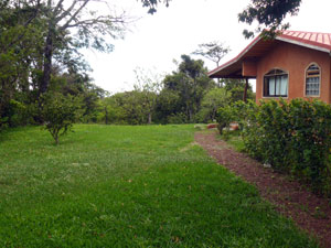 The bright little home has a large lawn and surrounded by fencing and hedges except for the westward view side.