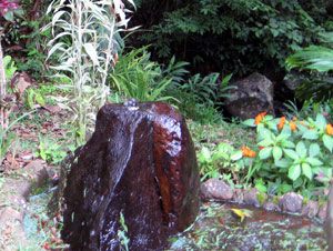 Water burbles through a sculptured free-form fountain.