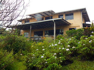 The two story home with wide veranda and second-floor deck is sited on the blow of a hill above thick natural gardens and forest.