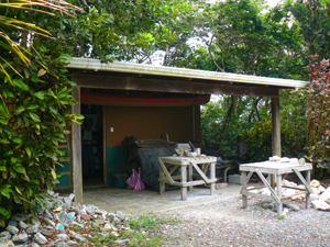 The sculptor's strongly built workshop, supplied with 220 electricity, is loted under trees alongside the parking area at the back of the home.