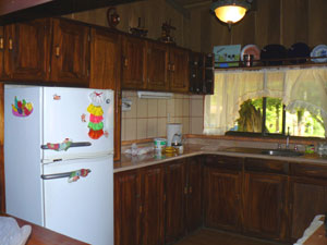 The efficiently organized kitchen features lots of custom harwood cabinetry.