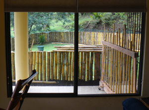 View from master bedroom of wraparound patio and newly enclosed side yard.