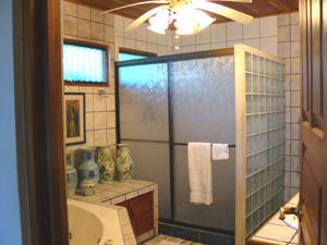 The large master bathroom has a roomy glass-enclosed shower as well as a tile-enclosed step-up jetted tub. 