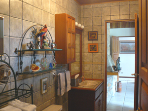 A usefully placed bathroom serves the office, the patio, and the entertainment center. 