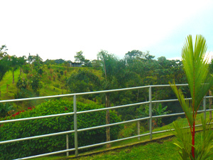 A quebrada with a stream occupies part of the promerty between the house and a lake view promontary where there is a second entrance to the property. 