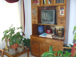 An entertainment center is part of the well-furnished and decorated living room.