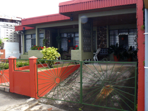 A neat carport with short cement driveway is nicely incorporated into the house design.