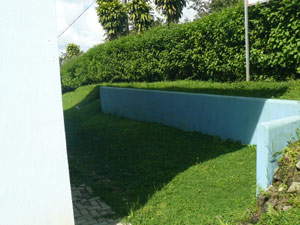 A retaining wall and hedge protect the house on the road side.