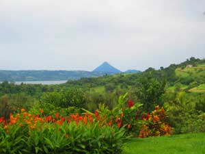 Beyond the colorful landscaping, Arenal Volcano stands out.