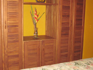 The custom closet wall of fine hardwood in the master bedroom.