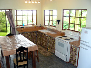 The kitchen is a spacious area with a center island and garden windows providing nice views of the lake and mountains.