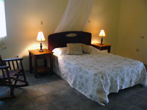 The master bedroom is currently furnished with a double bed, bedside tables and lamps.