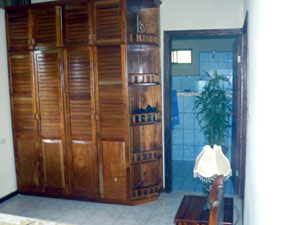 The master bedroom's nice woodwork closets and the door to the bathroom.