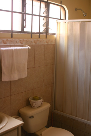 This bathroom is modern and nicely brightened by a wide window high in the wall.