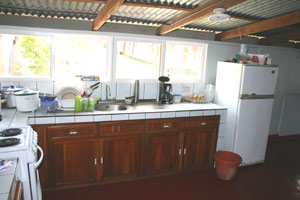 The kitchen has lots of windows, counter space and cabinets. 