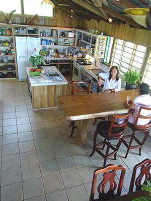 The kitchen is a very large and well-organized space with a high ceiling, a large island, plenty of cupboards, and a window wall.