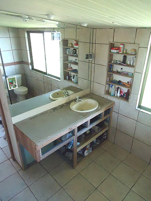 The master vanity in the bright and modern bathroom.