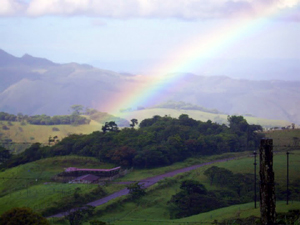 The weather is anything but monotonous, beautiful in various ways almost all the time, as in overlooking this rainbow in the foothills below.