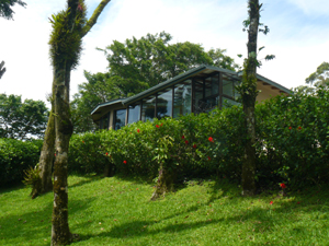 This view from below the house features the glassy sun room.