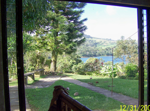 The master bedroom's northside picture window shows pretty landscaping and some of the lake.