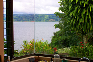 The view from the kitchen includes the volcano as well as the long, wide lake.