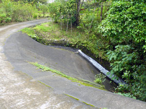 The lake level is kept constant by piping the excess under the entrance drive where it falls down the dam to continue the stream.