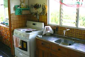 The kitchen is modern and pleasant.