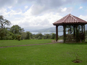 The octagonal gazebo - approximately 12 by 12 - is a great place to enjoy the temperate days and the lake and moutain views.