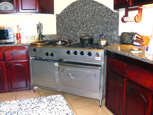 The kitchen has a massive gas range. 