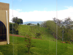 A view north from the glass room. The lakeside garden veranda is visibl on the left. 